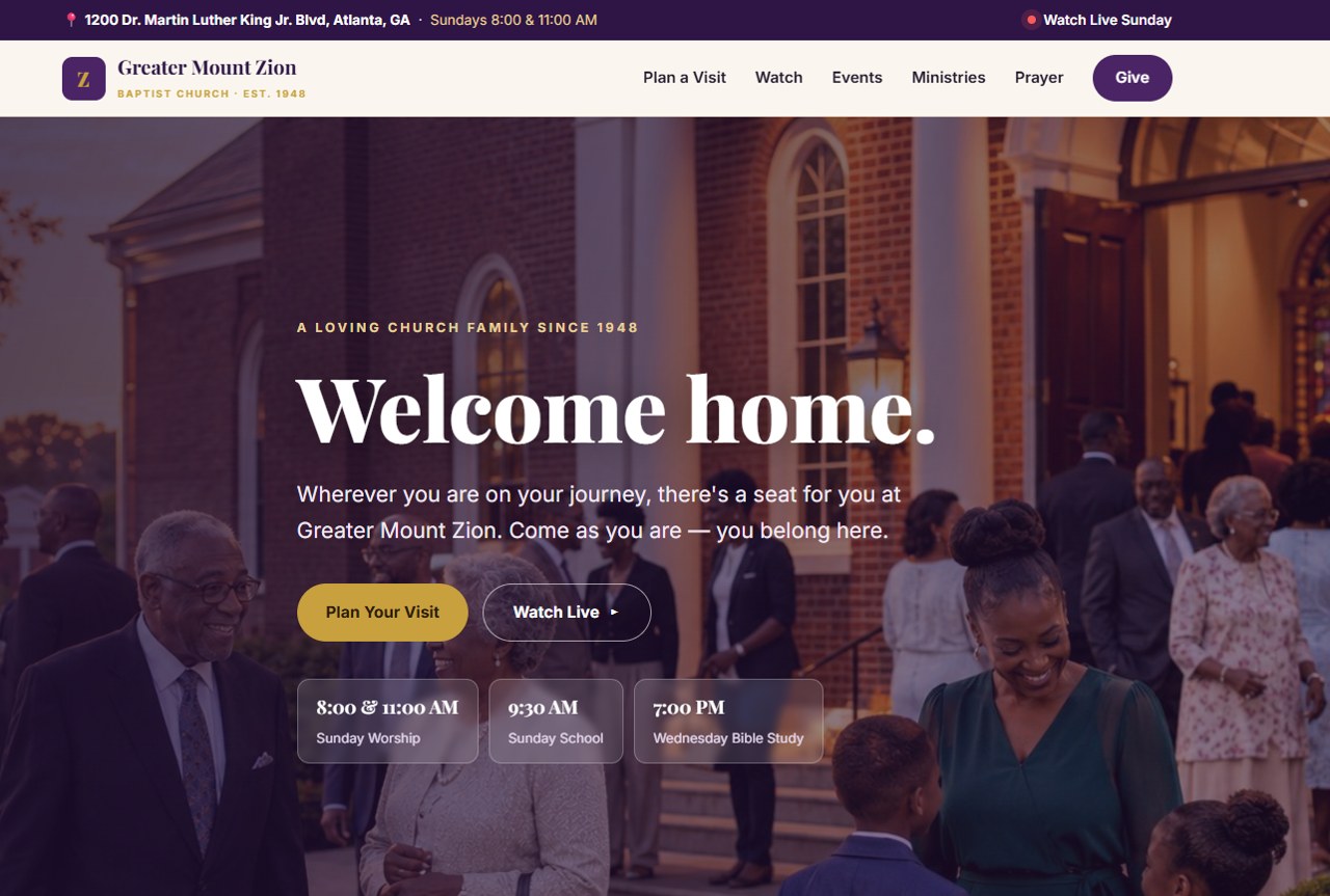 Homepage of a community church website built by Bryce IT Consulting